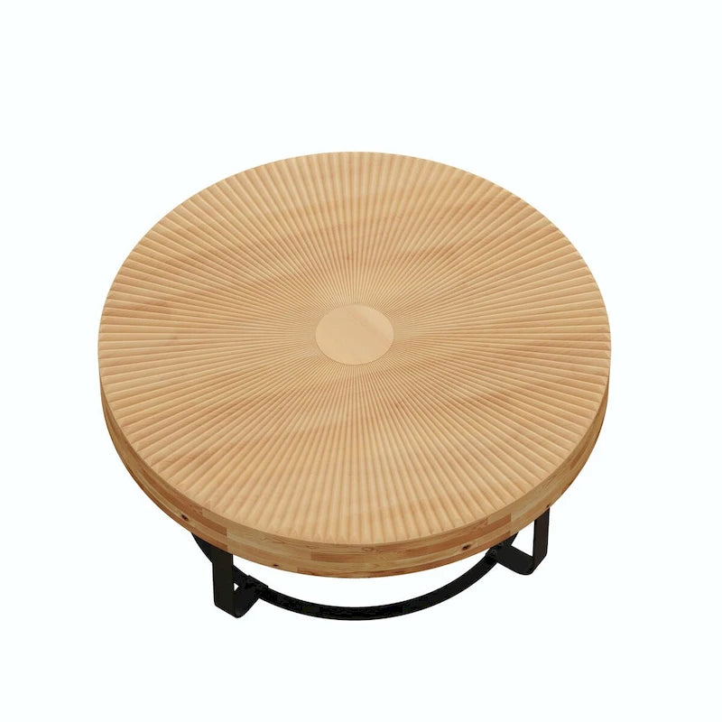 Mesa de centro redonda moderna con patrón de tallado en madera y patas de metal