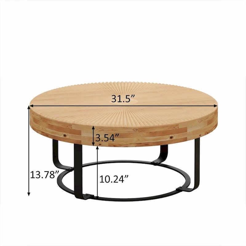 Mesa de centro redonda moderna con patrón de tallado en madera y patas de metal