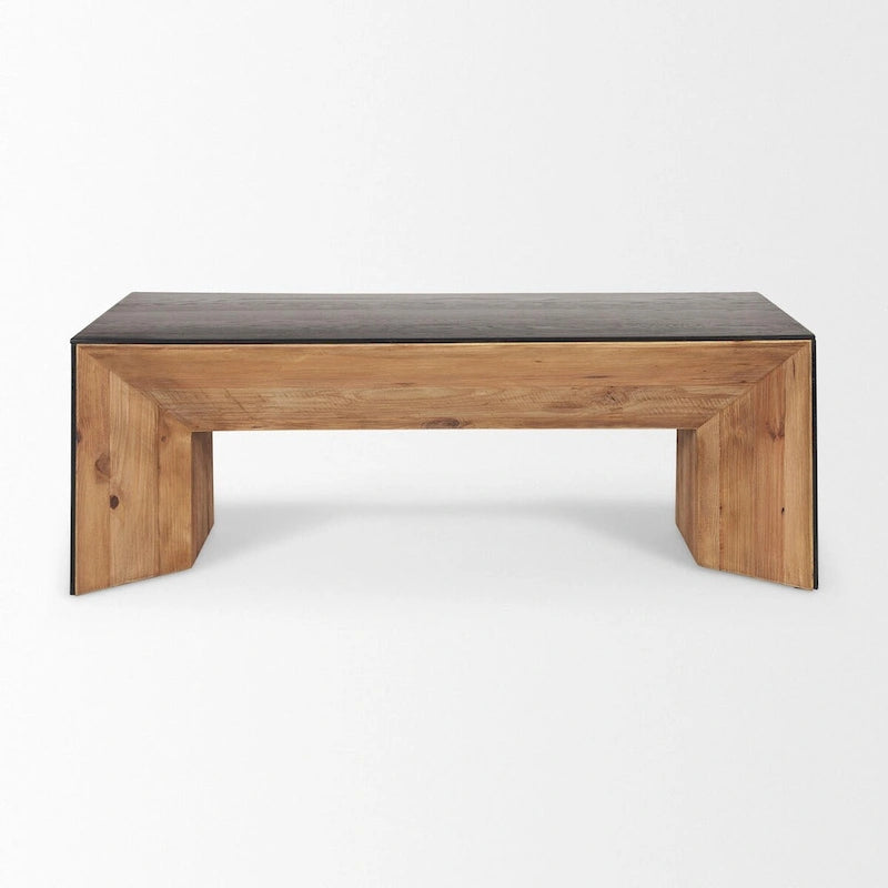 Mesa de centro rectangular de madera natural y chapa de roble negro con diseño cascada