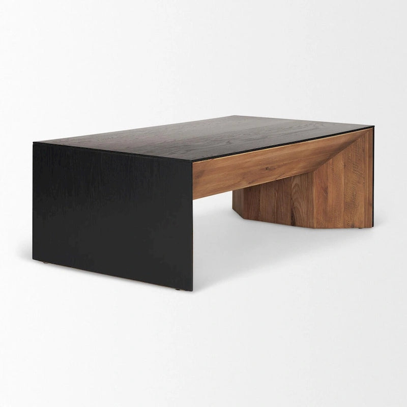 Mesa de centro rectangular de madera natural y chapa de roble negro con diseño cascada