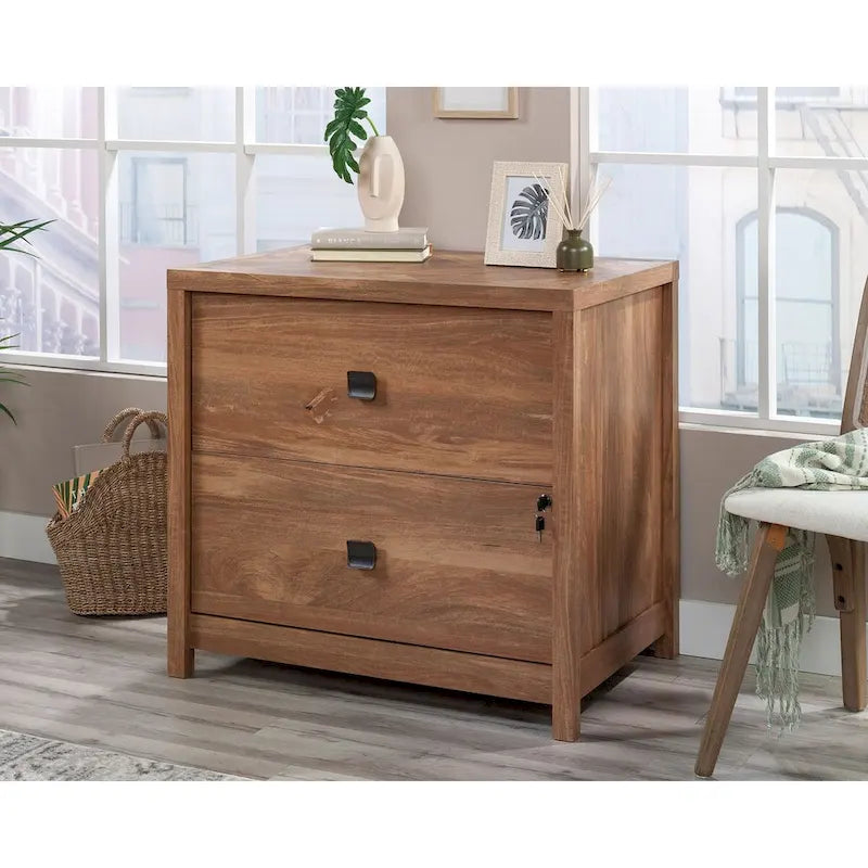 Archivador de oficina lateral de dos cajones con cerradura y acabado de veta de madera marrón cálido