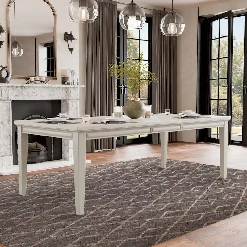 Mesa de comedor rectangular de madera moderna con faldón facetado y patas cónicas