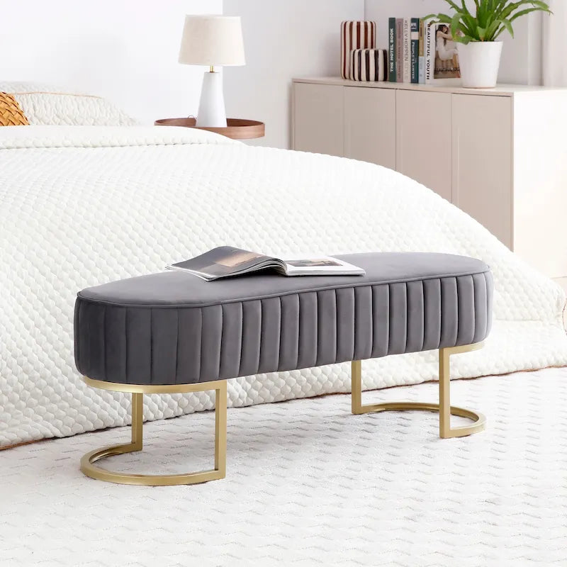 Banco para dormitorio, banco tapizado ovalado de terciopelo para el pie de la cama con patas de metal dorado, otomana de almacenamiento moderna de 48