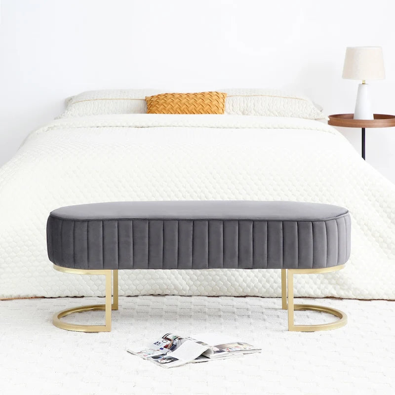 Banco para dormitorio, banco tapizado ovalado de terciopelo para el pie de la cama con patas de metal dorado, otomana de almacenamiento moderna de 48