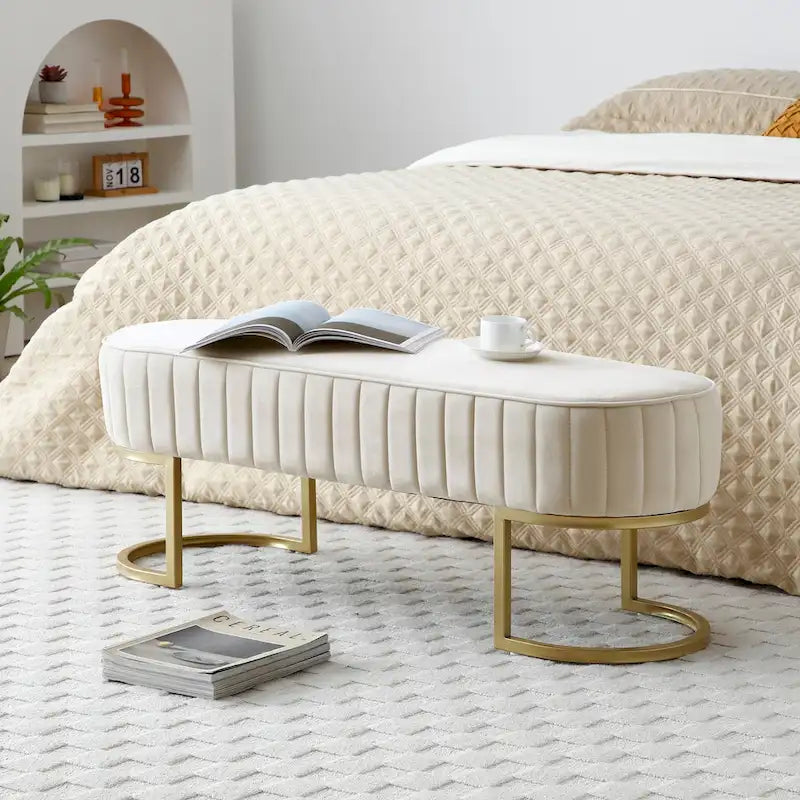 Banco para dormitorio, banco tapizado ovalado de terciopelo para el pie de la cama con patas de metal dorado, otomana de almacenamiento moderna de 48