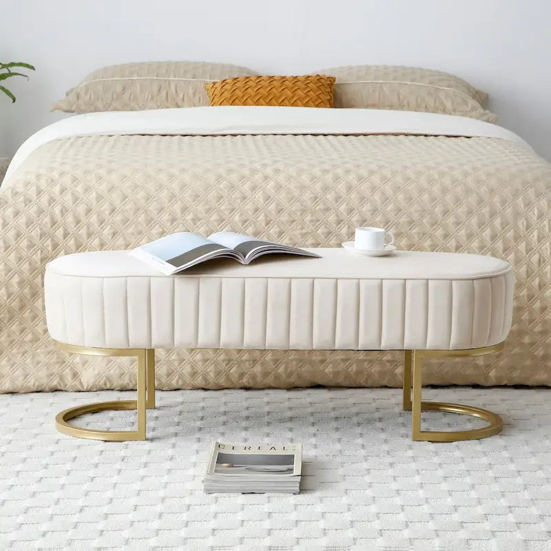 Banco para dormitorio, banco tapizado ovalado de terciopelo para el pie de la cama con patas de metal dorado, otomana de almacenamiento moderna de 48