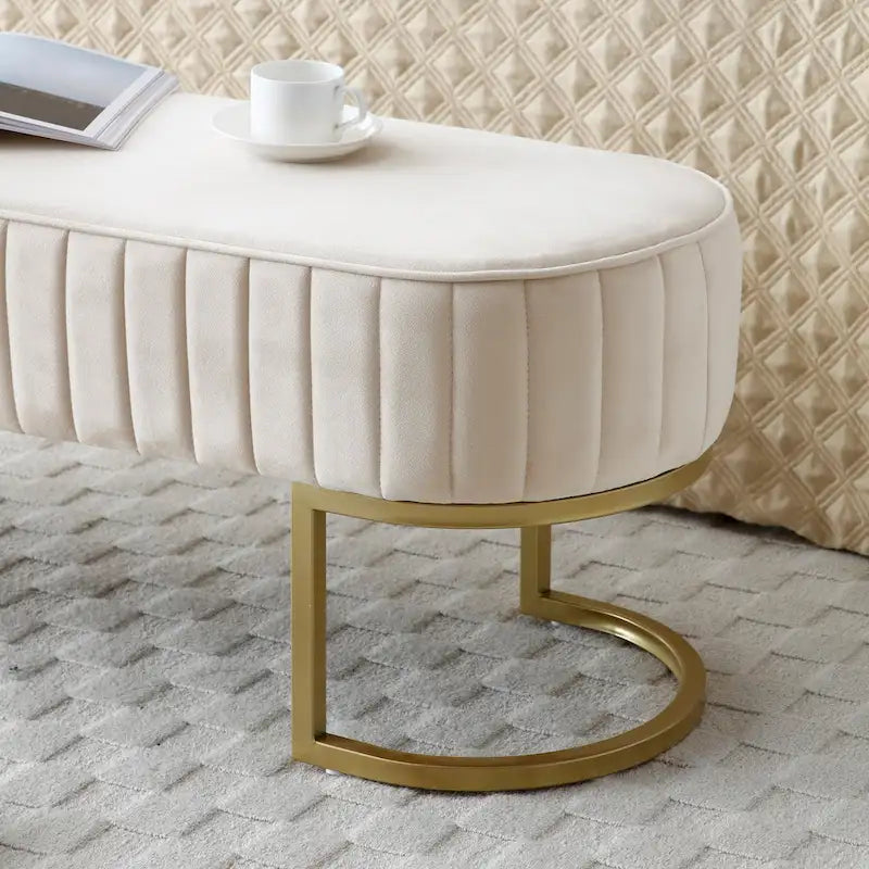 Banco para dormitorio, banco tapizado ovalado de terciopelo para el pie de la cama con patas de metal dorado, otomana de almacenamiento moderna de 48