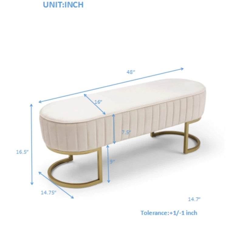 Banco para dormitorio, banco tapizado ovalado de terciopelo para el pie de la cama con patas de metal dorado, otomana de almacenamiento moderna de 48