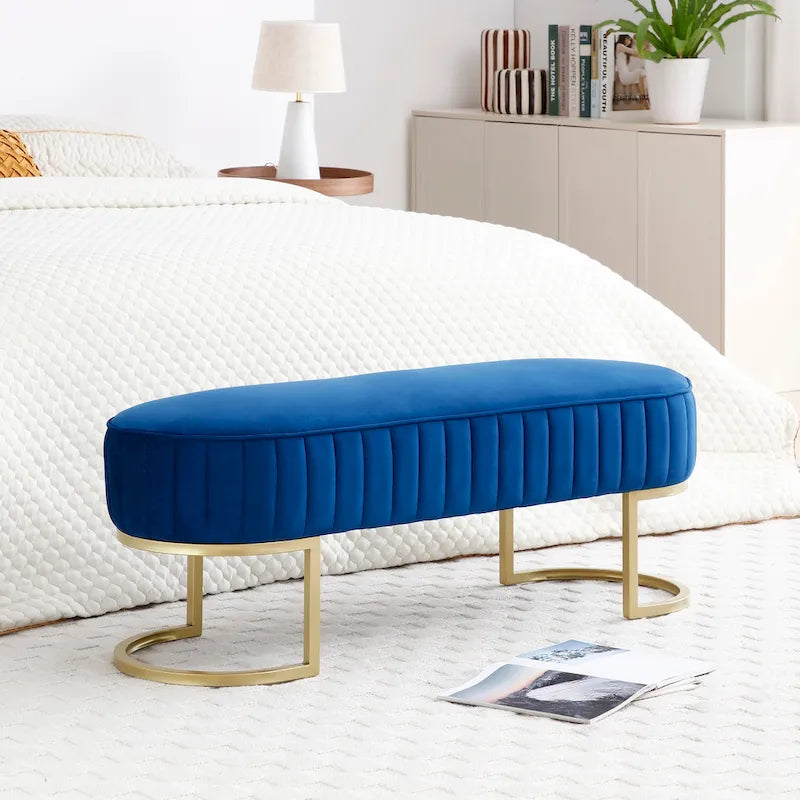 Banco para dormitorio, banco tapizado ovalado de terciopelo para el pie de la cama con patas de metal dorado, otomana de almacenamiento moderna de 48