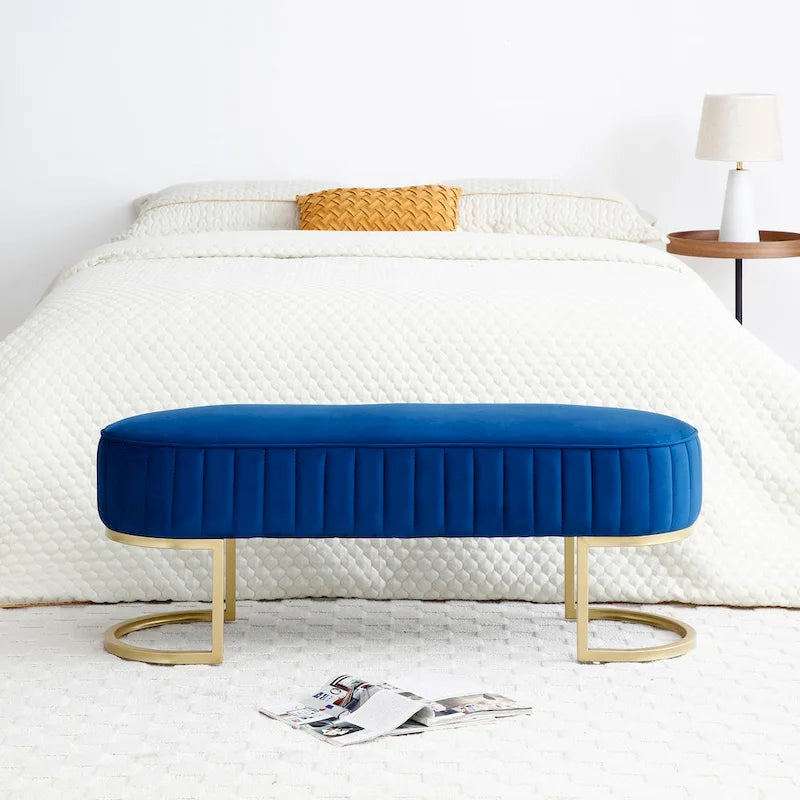 Banco para dormitorio, banco tapizado ovalado de terciopelo para el pie de la cama con patas de metal dorado, otomana de almacenamiento moderna de 48