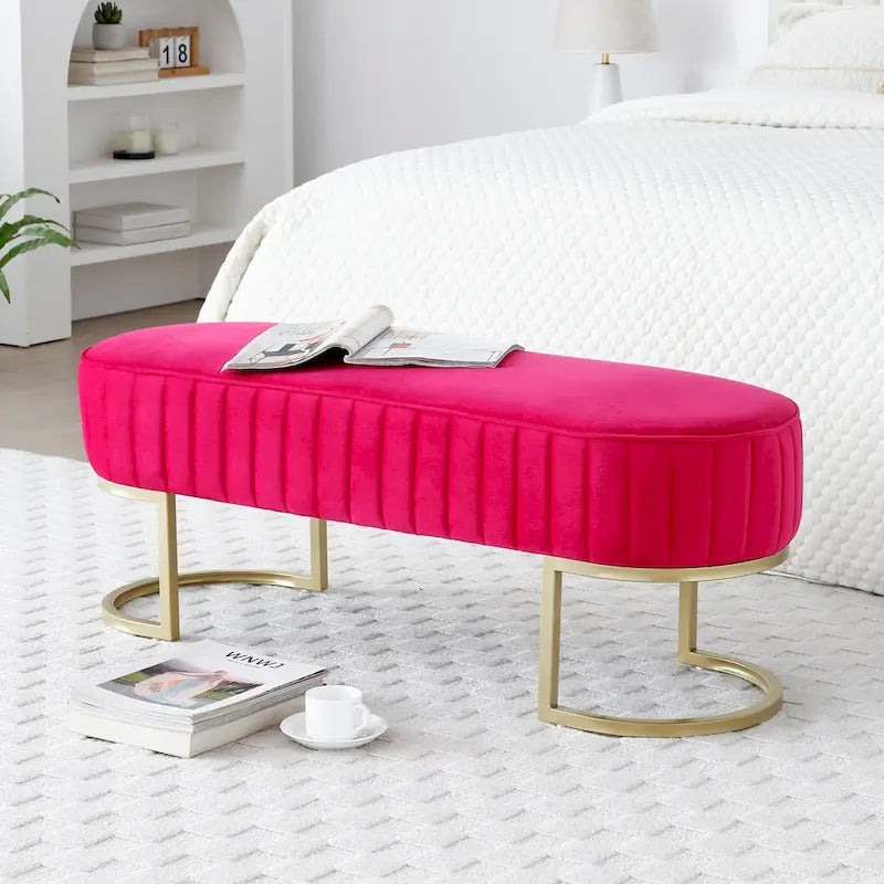 Banco para dormitorio, banco tapizado ovalado de terciopelo para el pie de la cama con patas de metal dorado, otomana de almacenamiento moderna de 48
