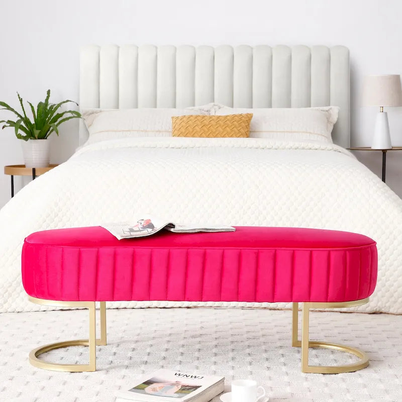 Banco para dormitorio, banco tapizado ovalado de terciopelo para el pie de la cama con patas de metal dorado, otomana de almacenamiento moderna de 48