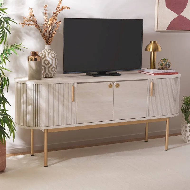 Modernes Sideboard mit vier Türen, geschwungenem Tambour-Stauraum und Metallbeinen
