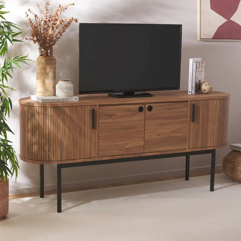 Modernes Sideboard mit vier Türen, geschwungenem Tambour-Stauraum und Metallbeinen