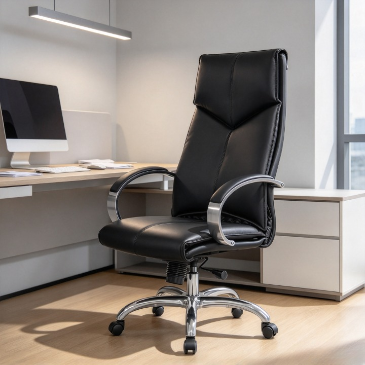 Silla ejecutiva de oficina de cuero negro con respaldo alto y brazos cromados acolchados
